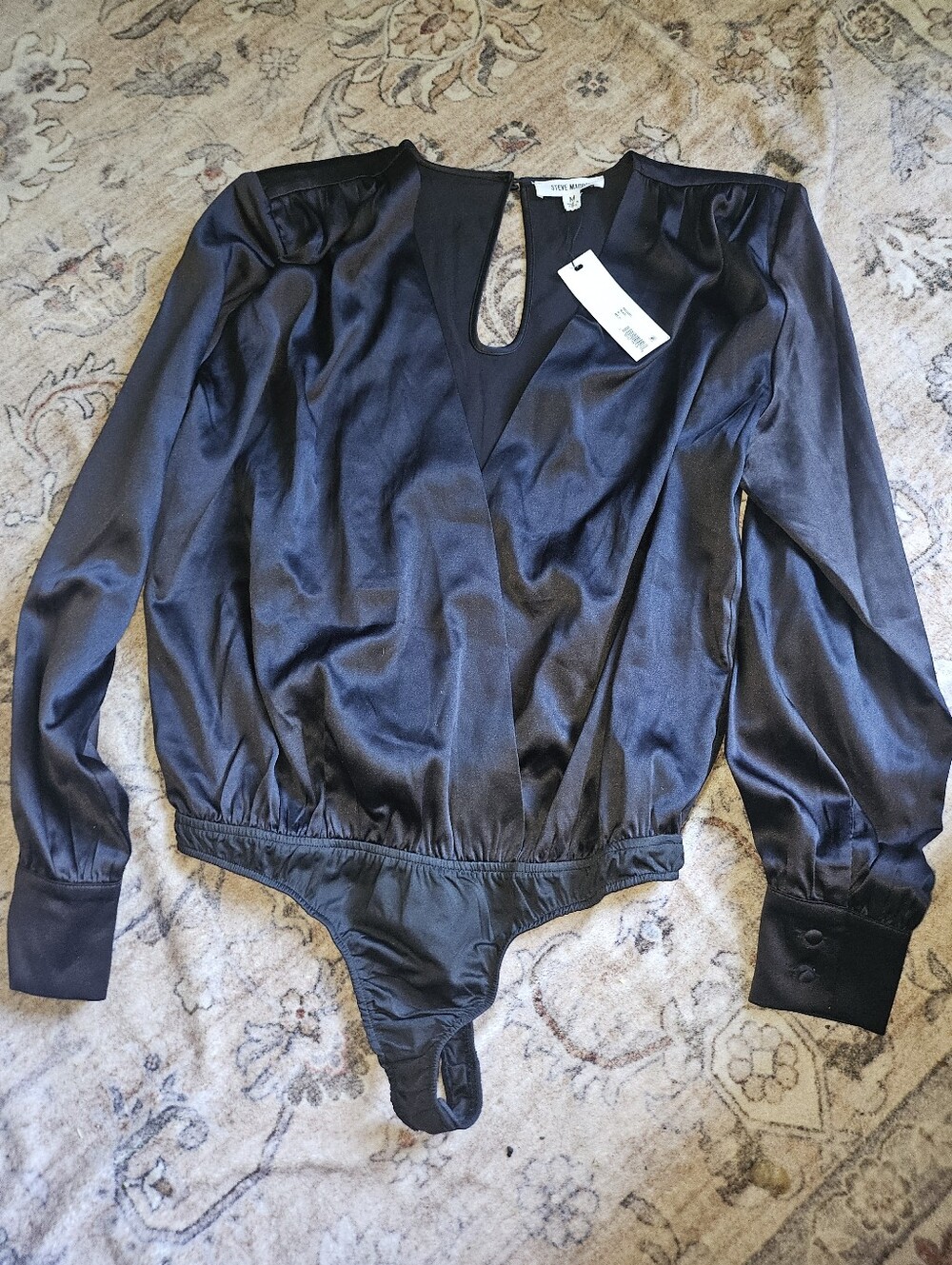 Steve Madden Black One-Shoulder Satin Jumpsuit with Long Sleeves